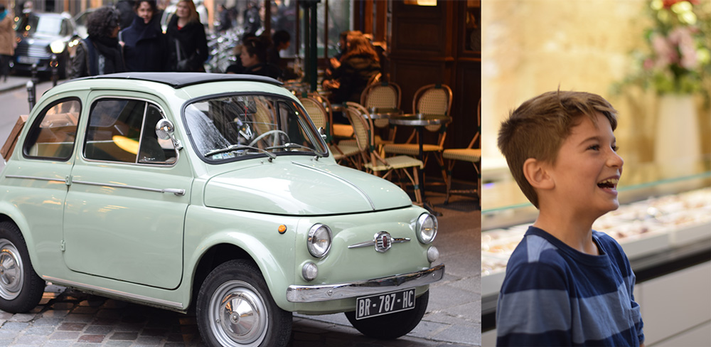 Photos of a small car and a boy smiling in the Marais District of Paris.