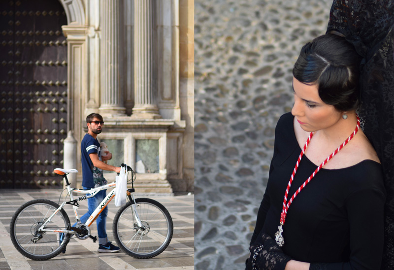 Image of Granada Spain travel including a bicyclist in Plaza Nueva and a women dressed in black for Semana Santa