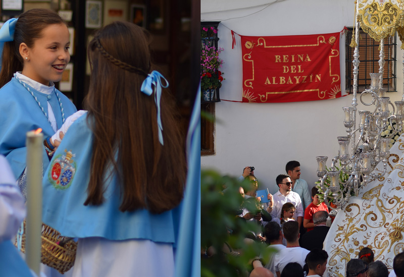 Images of Granada Spain during Semana Santa including two girls and a procession thru the Albaicin