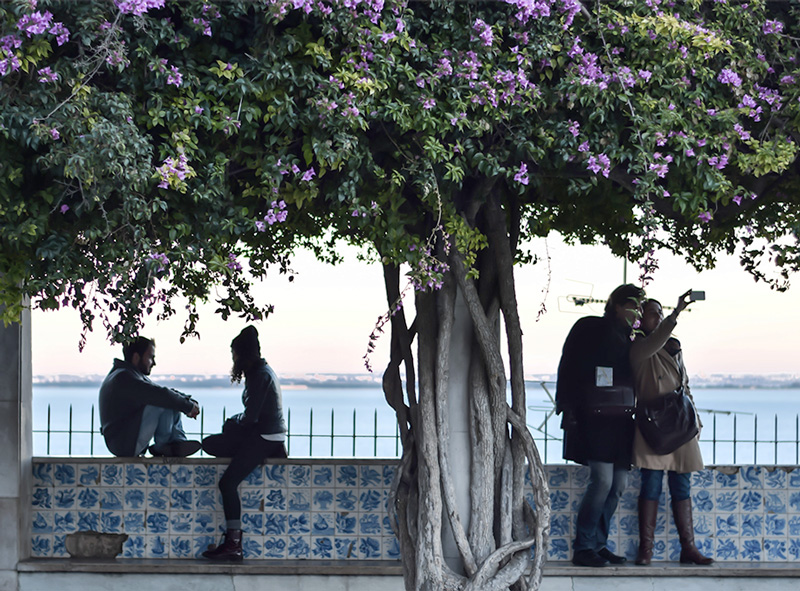 Two couples hanging out together in a plaza in Lisbon, Portugal