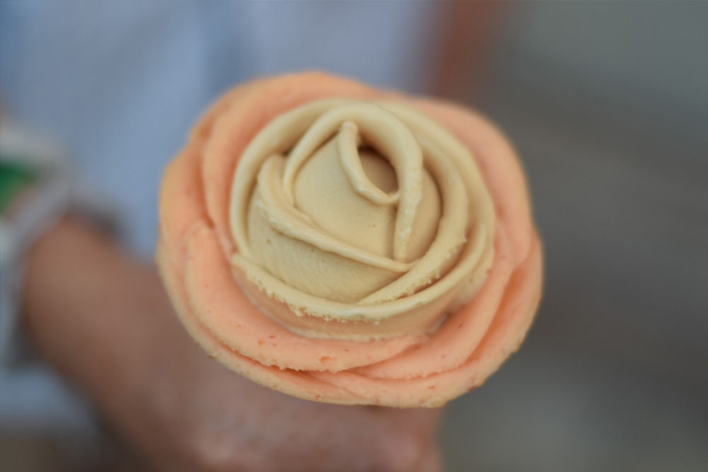 Photo of a rose shaped ice cream cone at Gelato Rosa in Budapest, Hungary.