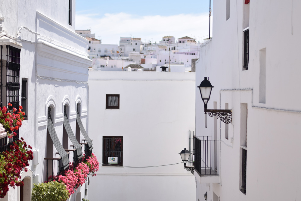 Image of Vejer de la Frontera Spain showing white washed houses, flower boxes and iron lanterns