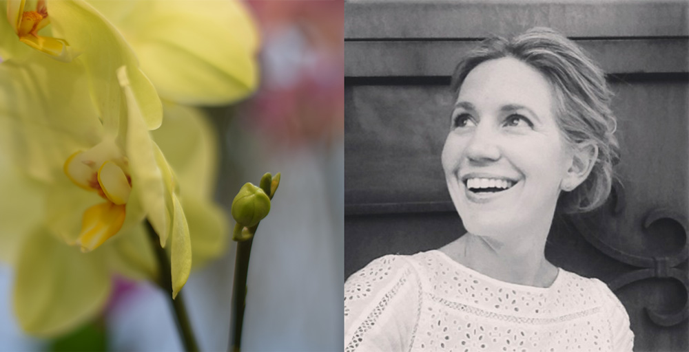 Photo of yellow Parisian flowers and a woman smiling in Paris, France