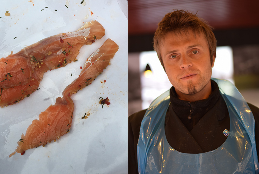 Photos of a man selling fish at Torget Fish Market in Bergen Norway and two slices of fresh salmon on parchment paper.