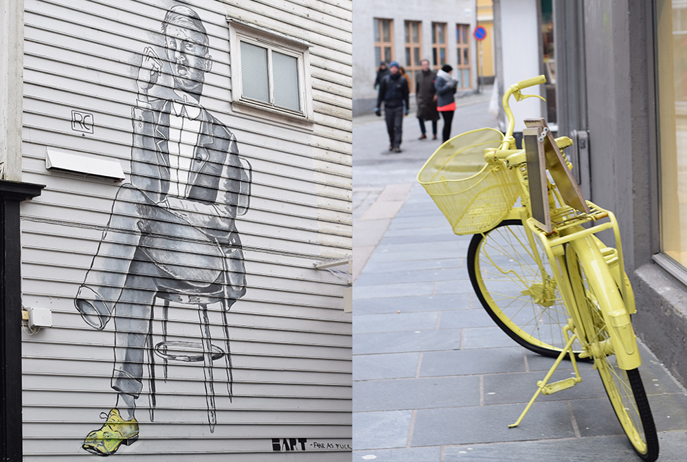 Photo of street art and a yellow bicycle in Bergen, Norway