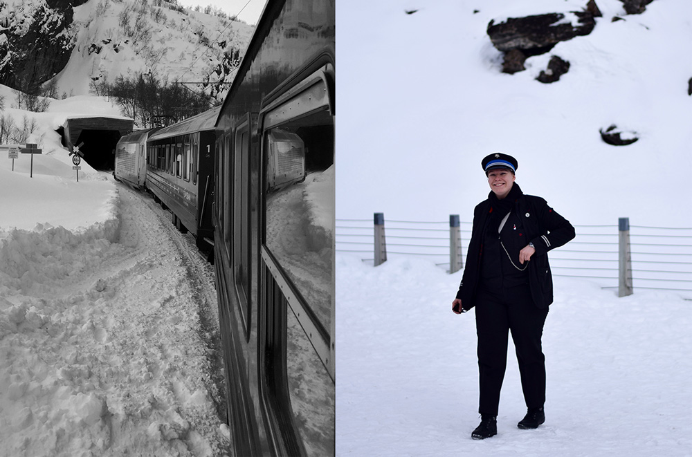 The Flam Railway going through deep snow and a smiling woman in uniform who works on the train.