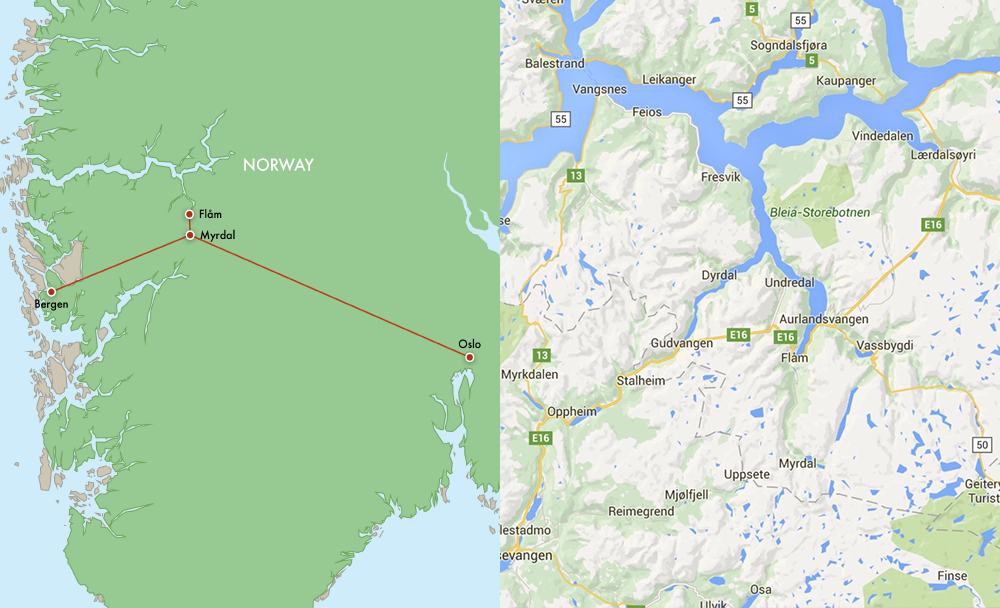 A map of a traveling family's train route from Oslo to Mydral to Flam and on to Bergen, Norway.