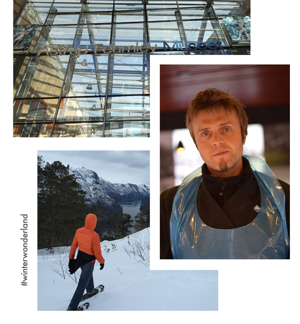 Images of Norway in Winter include the Astrup Fearnley Museum in Oslo Norway, a Fish Seller at Bergen's Torget fish market and a snowshoe hiker above the fjords in Flam.