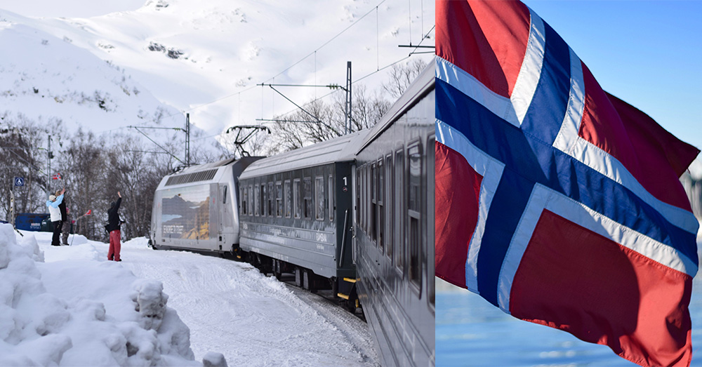 A photo of the Flam Railway traveling between Flam and Myrdal and a Norwegian flag.