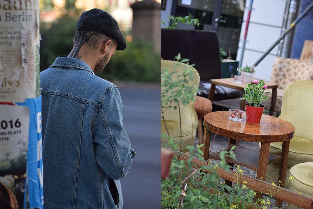 A photo of a tattooed man standing at a corner and a photo of a few vintage chairs gathered around a coffee table at a cafe in Penzlauer Berg, Berlin, Germany.