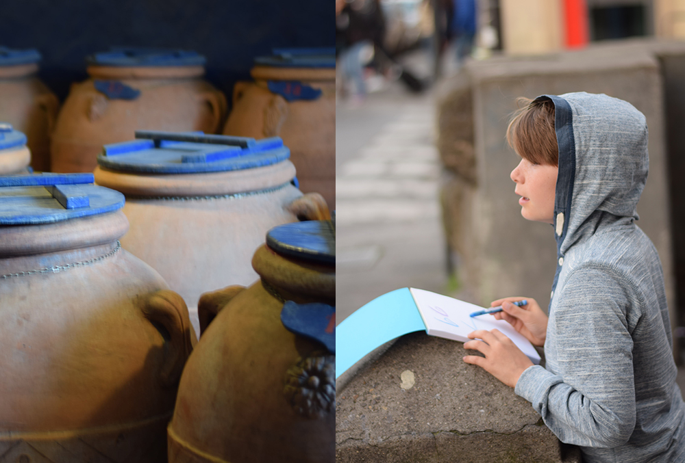 a photo of wine vats and a photo of a boy drawing with a sketchpad in Florence, Italy