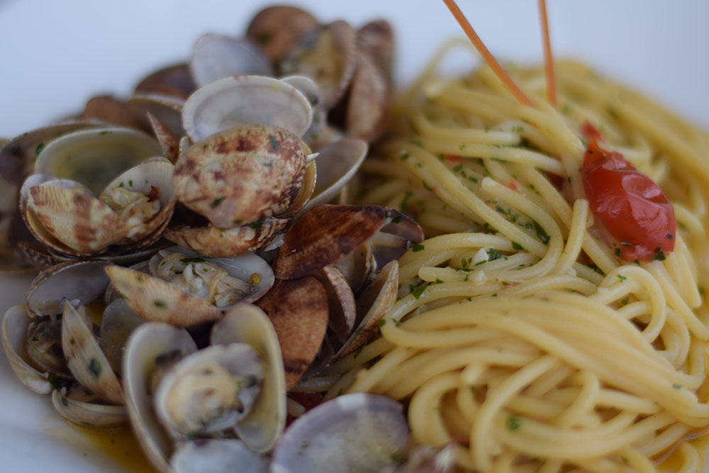 Photo of a plate of clams with linguini in Ravello, Italy.