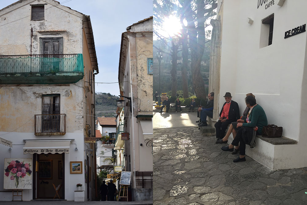 A photo of an art gallery in the town of Ravello and a few older folks sitting in the piazza.