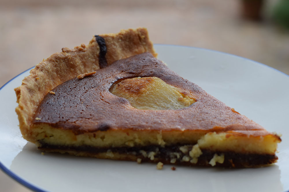 A slice of chocolate pear cake at Finca Son Mico in Mallorca, Spain.