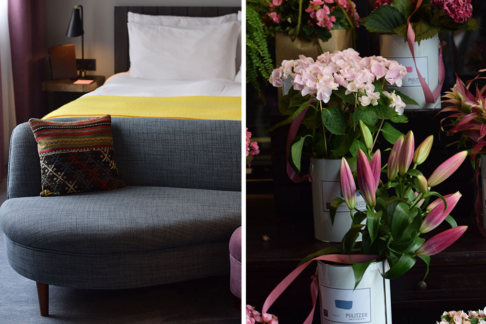 A photo of a luxurious bed and sofa in a hotel room and a photo of flowers in paint tins on display.