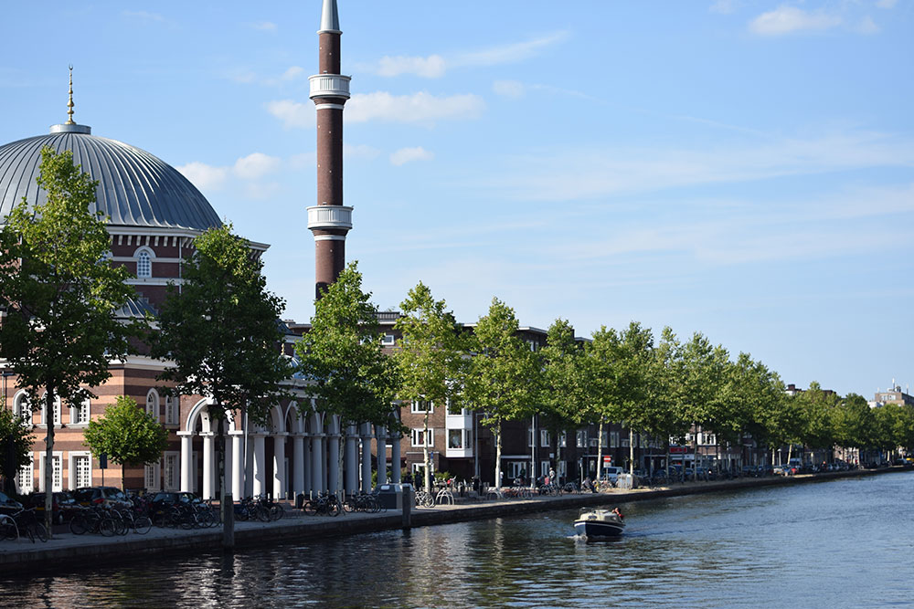 A photo of one of Amsterdam's tree lined canals on a sunny day. 