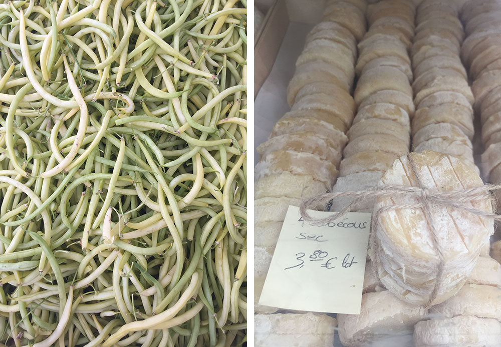 A photo of light green beans and a photo of round white cheeses at a country market in France.